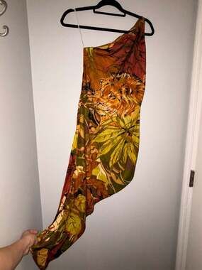 70s Joy Stevens Vintage Tropical Lion Print One-Shoulder asymmetrical dress